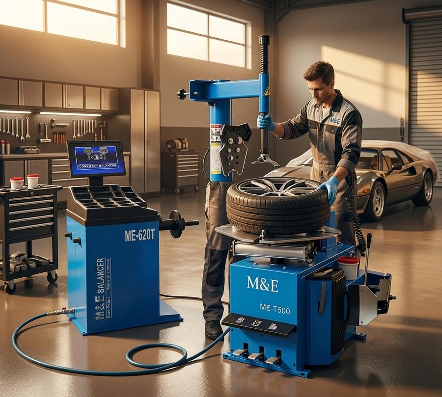 Tire changer and wheel balancer combo in service bay