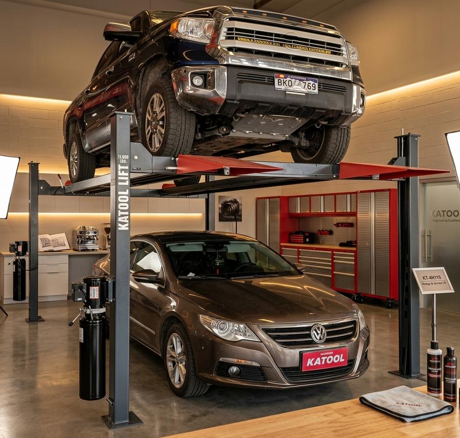 Four-post car lift with vehicle stored on top