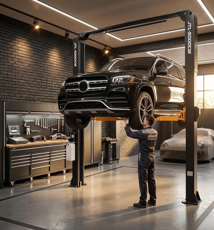 12000 LBS two-post lift with truck elevated